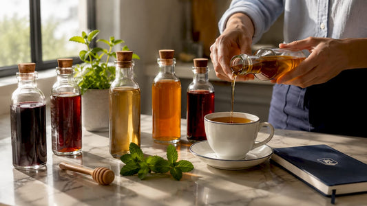 Pouring honey alternative syrup into tea cup