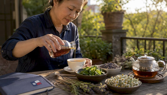Woman pouring syrup into cup of tea