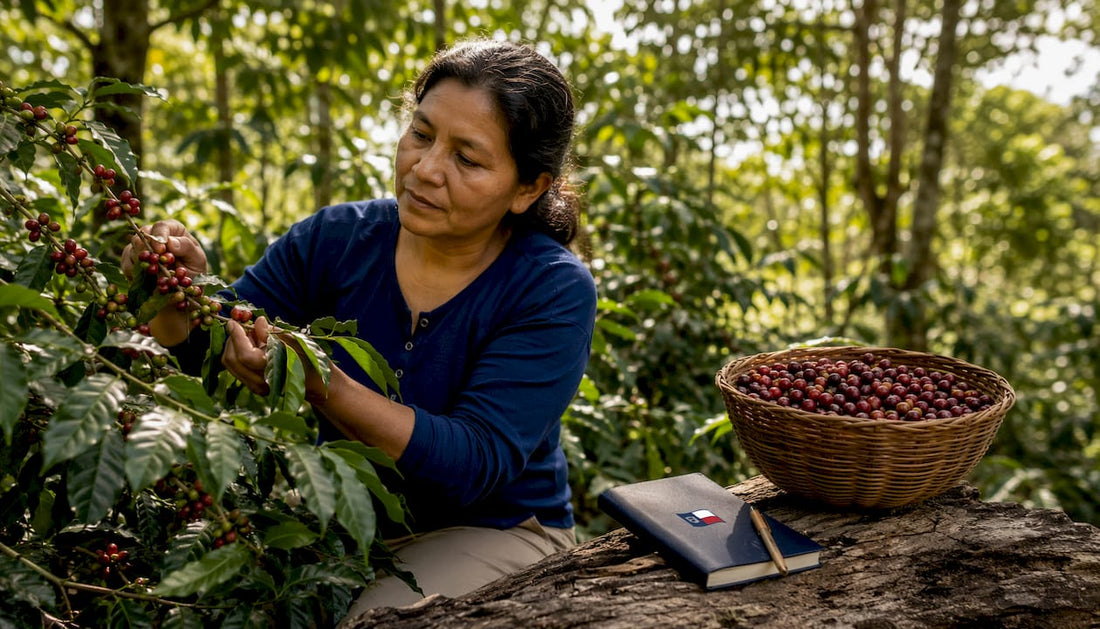 Coffee farmer inspecting shade-grown coffee plants