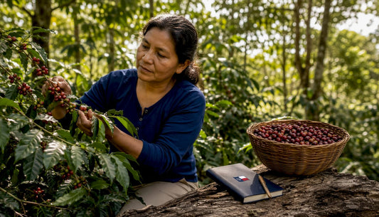 Coffee farmer inspecting shade-grown coffee plants