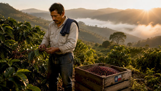 Coffee farmer inspecting cherries at high altitude