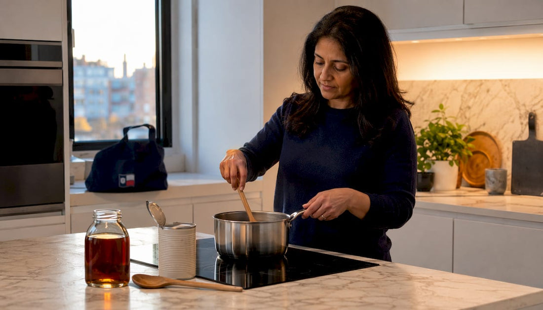 Woman stirring dairy free caramel syrup on stove