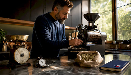 Man roasting coffee in home kitchen