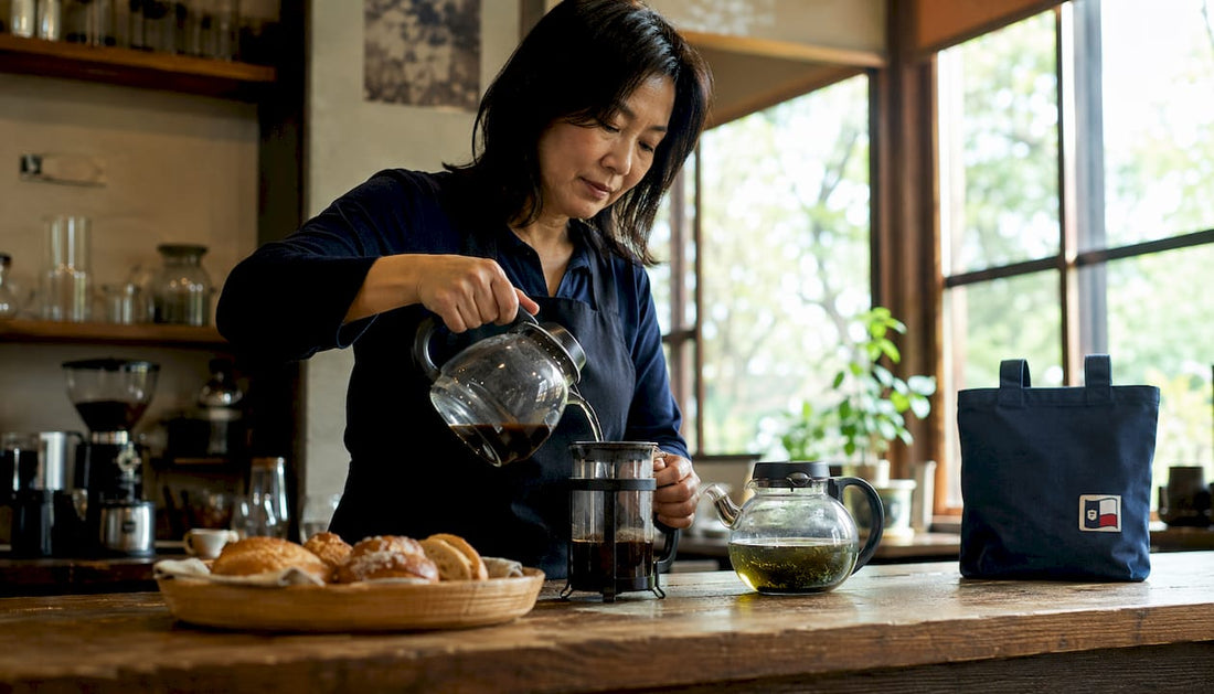 Woman preparing coffee and tea in kitchen