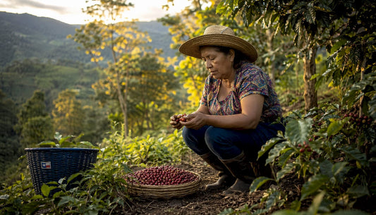 Female coffee farmer inspecting ripe cherries outdoors