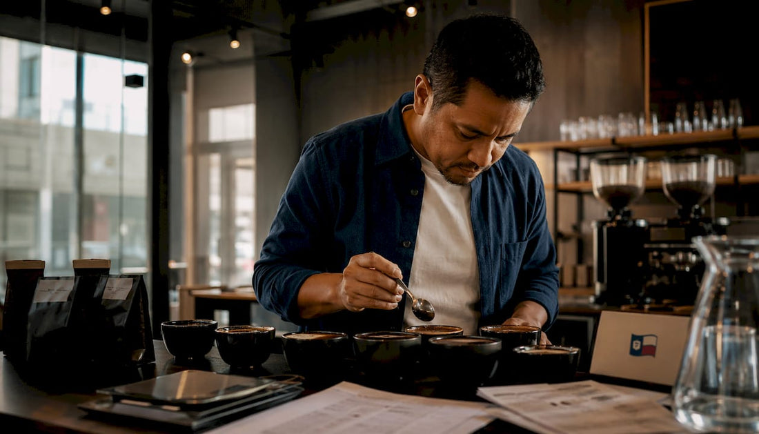 Barista cupping coffee samples at roastery table