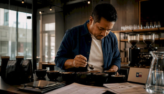 Barista cupping coffee samples at roastery table