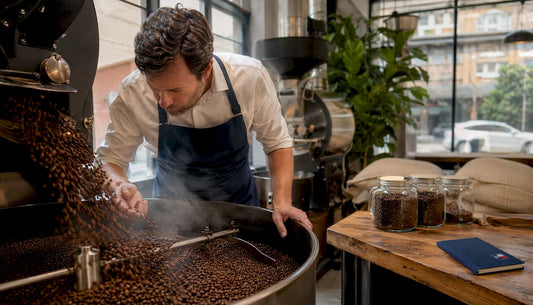 Coffee roaster inspecting cooling roasted beans