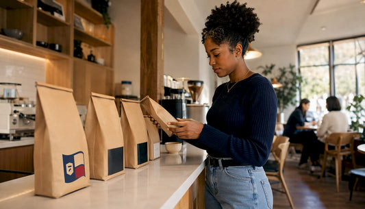 Woman reading coffee origin labels in shop