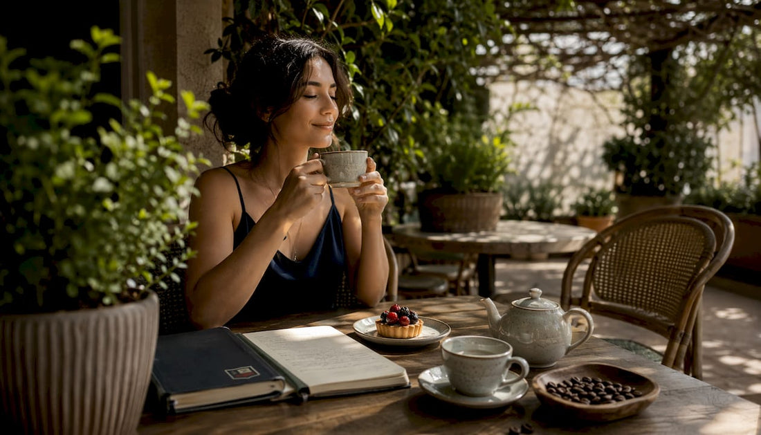 Woman enjoying coffee and fruit tart pairing in café