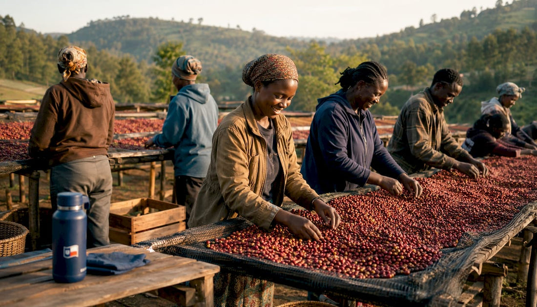 Workers sorting coffee cherries on drying beds