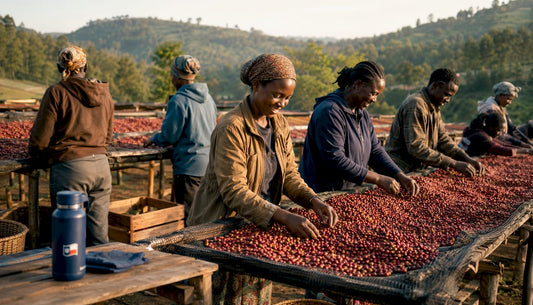 Workers sorting coffee cherries on drying beds