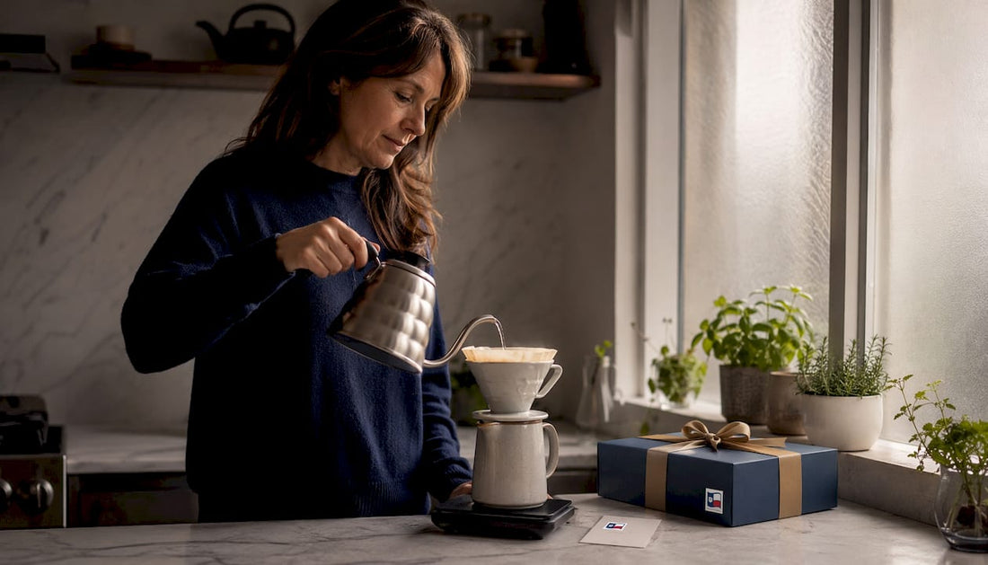 Woman brewing coffee with coffee gift box nearby