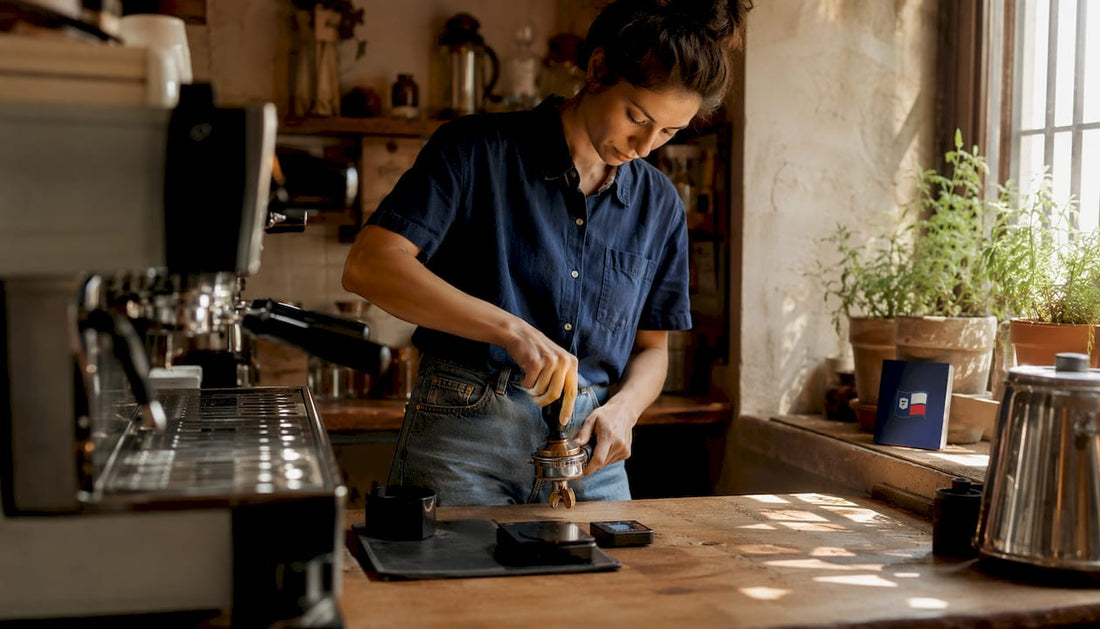 Home barista tamping ground coffee in portafilter