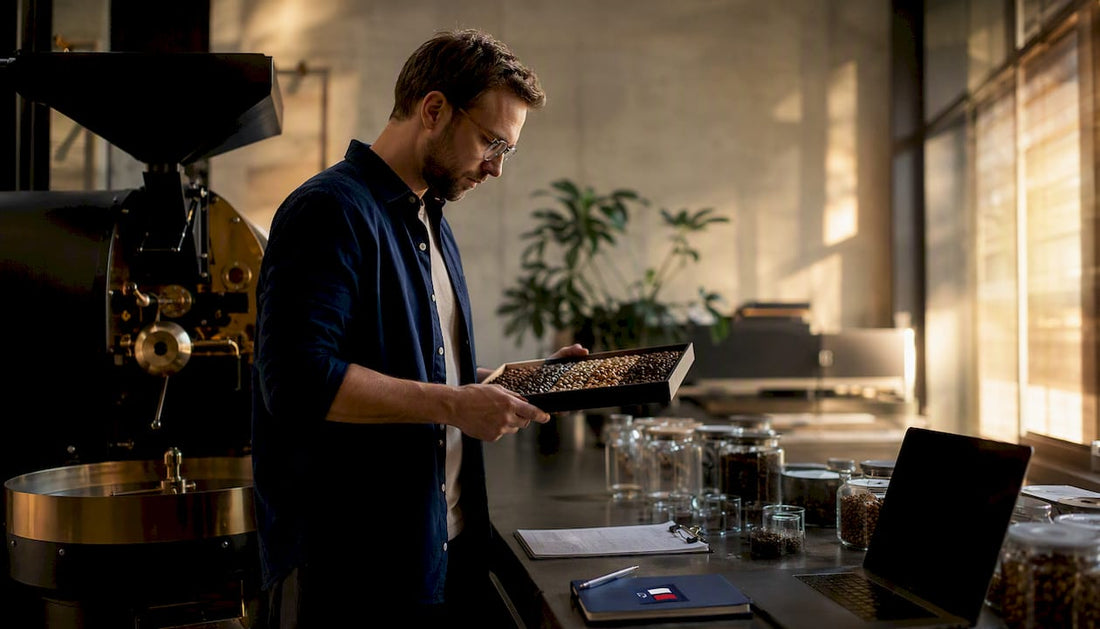 Scientist examining coffee beans at roasting lab