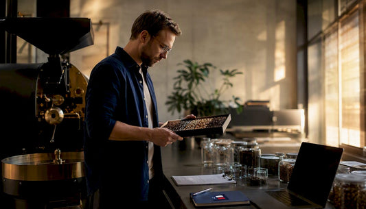 Scientist examining coffee beans at roasting lab