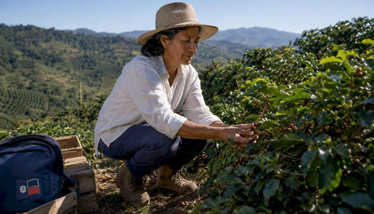 Female farmer inspecting coffee plants outdoors