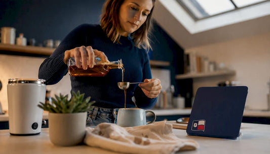 Home barista pouring syrup into coffee cup
