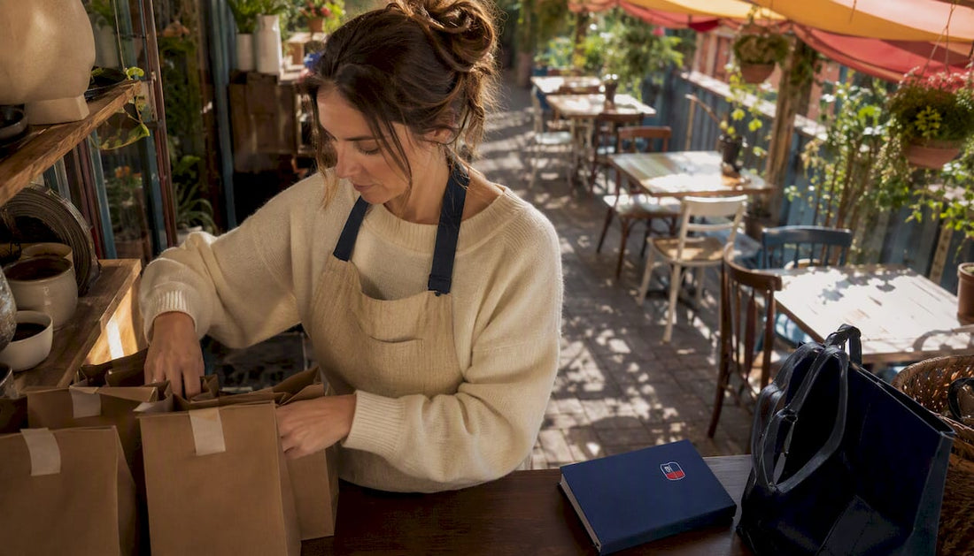 Café owner sorting local coffee bags behind counter