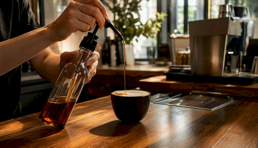 Close-up pouring latte syrup into cup