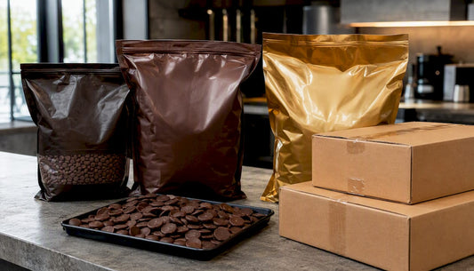 Bulk Ghirardelli-style chocolate packages on table