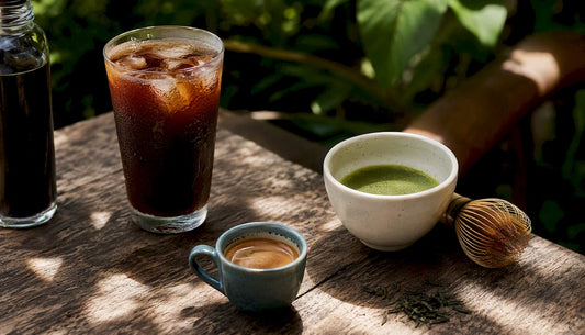 Overhead view of diverse caffeinated drinks on wooden table