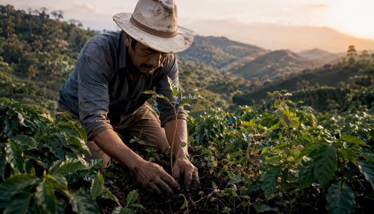 Farmer planting shade trees in coffee farm soil