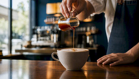 Caramel syrup being poured into espresso