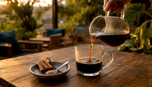 Pouring black coffee into glass mug with spices nearby
