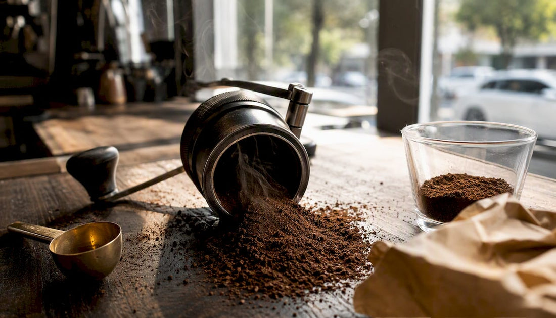 Fresh coffee grounds spilling from a grinder
