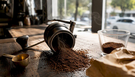Fresh coffee grounds spilling from a grinder