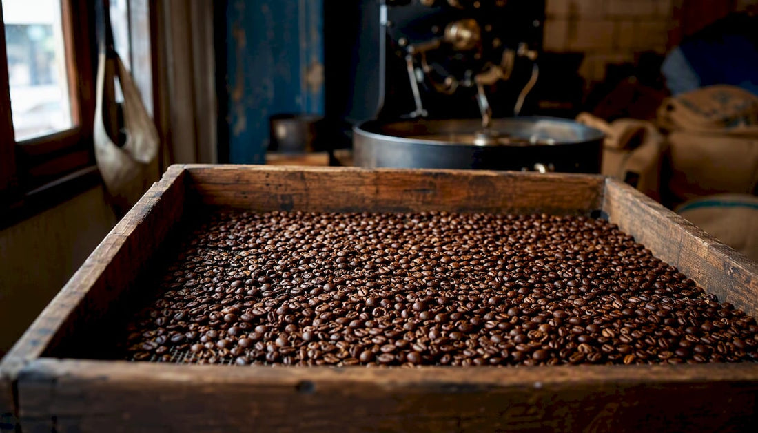 Freshly roasted coffee beans cooling in roastery