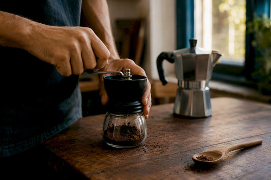 Hands grinding medium-fine coffee by moka pot