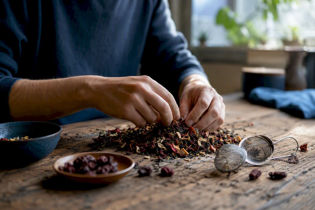 Hands blending loose-leaf tea with botanicals
