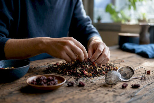 Hands blending loose-leaf tea with botanicals
