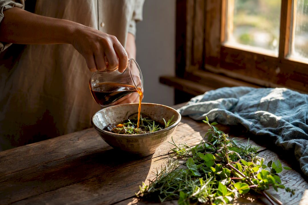 Hands adding herbs into coffee syrup glass jar