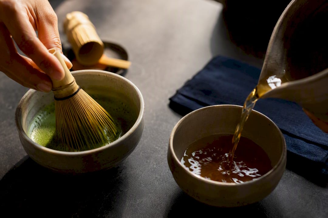 Matcha and hojicha prepared for tasting